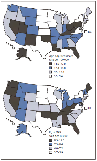 The figure shows drug overdose death rates in 2008 and rates of kilograms (kg) of opioid pain relievers (OPR) sold in 2010 in the United States. Rates for all outcomes studied varied widely.